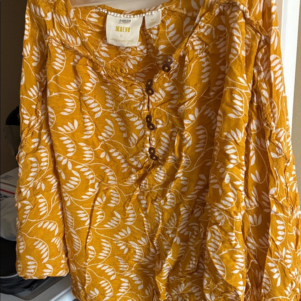 Anthropologie MAEVE Mustard Leaf Print Blouse (S)